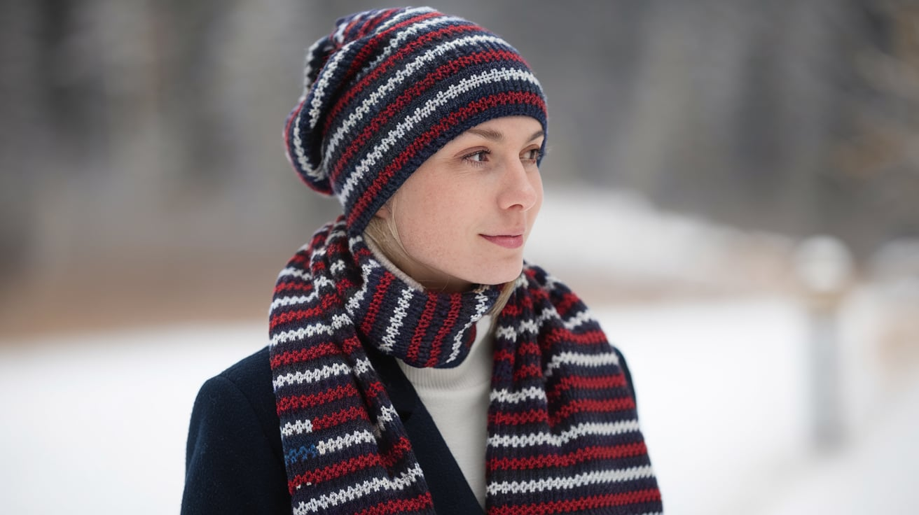 Stylish Patterned Merino Wool Scarf Hat Set