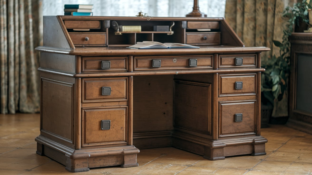 Antique Faux Quarter Sawn Oak Desk with Square Nuts